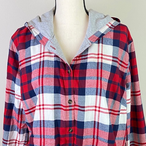 Eddie Bauer Red Plaid Hooded Flannel Shirt - Picture 2 of 10